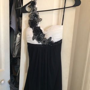 black white B. Darlin dress one shoulder.